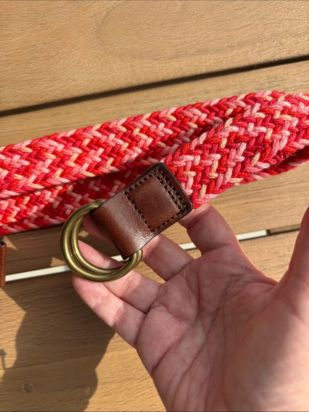 Eddie Bauer Woven colorful Braided Belt Brown Leather Trim brass Small NEW!